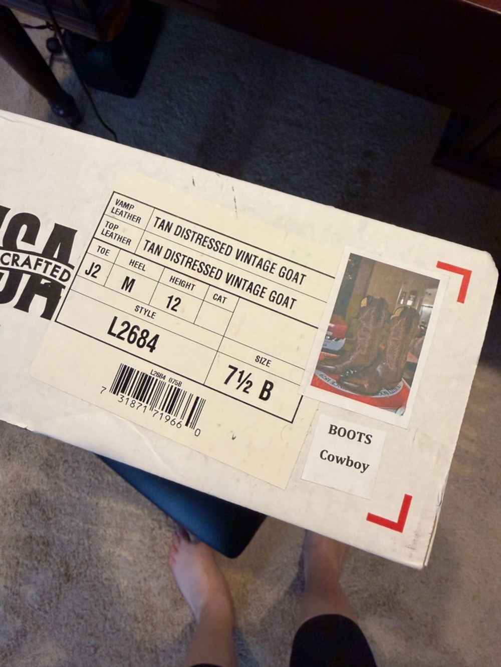 Justin Boots Tan Distressed Vintage Goat Cowboy Boots - Box Label - Picture 3 of 5